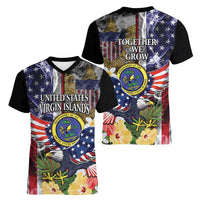 US Virgin Islands USA Half Flag Women V-Neck T-Shirt Together We Grow Smoke Effect - Wonder Print Shop