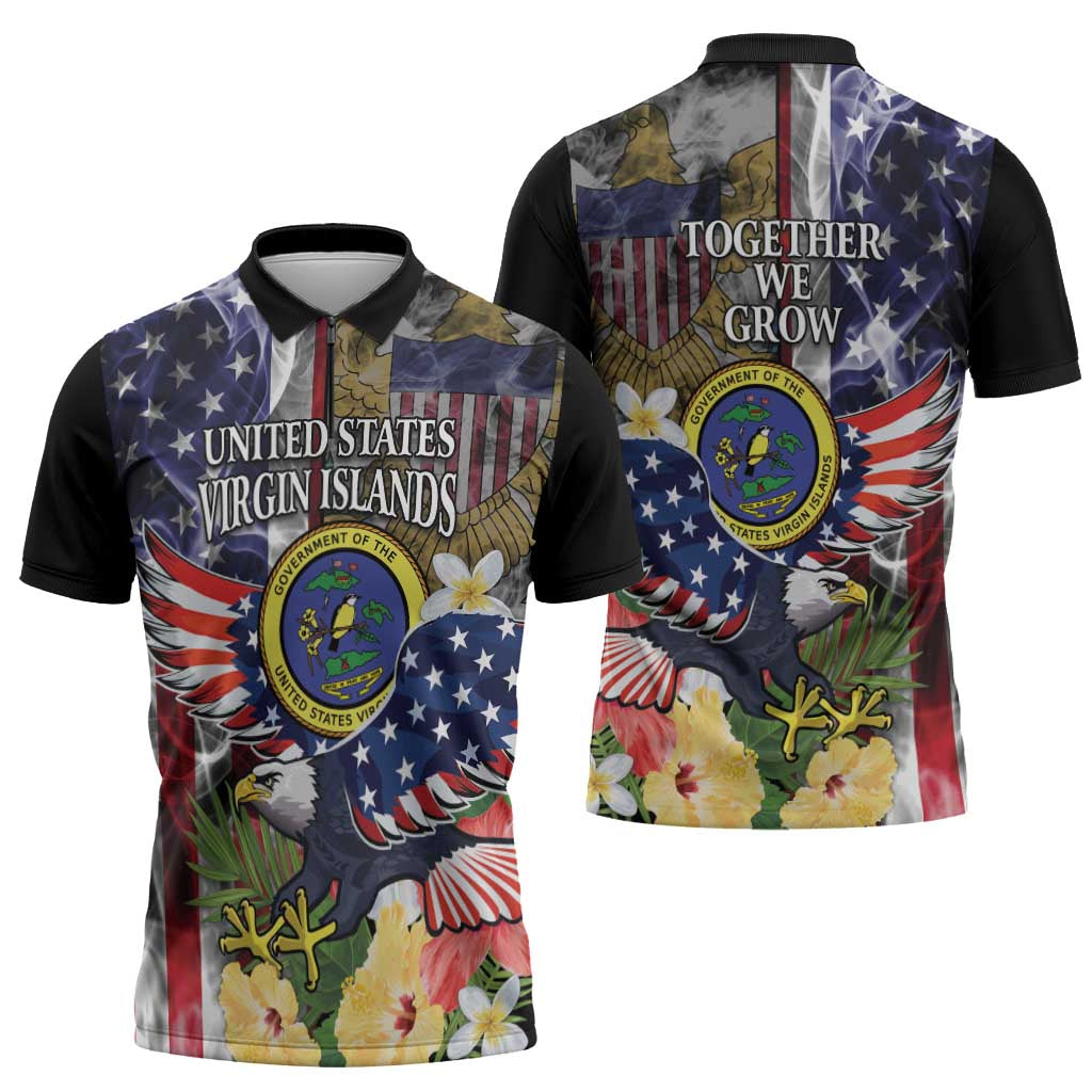 US Virgin Islands USA Half Flag Zipper Polo Shirt Together We Grow Smoke Effect - Wonder Print Shop