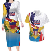 United States Virgin Islands Couples Matching Long Sleeve Bodycon Dress and Hawaiian Shirt USA Curve Flag With Yellow Eagle - Wonder Print Shop