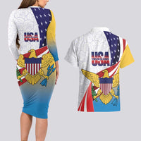 United States Virgin Islands Couples Matching Long Sleeve Bodycon Dress and Hawaiian Shirt USA Curve Flag With Yellow Eagle - Wonder Print Shop