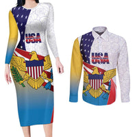 United States Virgin Islands Couples Matching Long Sleeve Bodycon Dress and Long Sleeve Button Shirt USA Curve Flag With Yellow Eagle - Wonder Print Shop