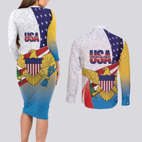 United States Virgin Islands Couples Matching Long Sleeve Bodycon Dress and Long Sleeve Button Shirt USA Curve Flag With Yellow Eagle - Wonder Print Shop