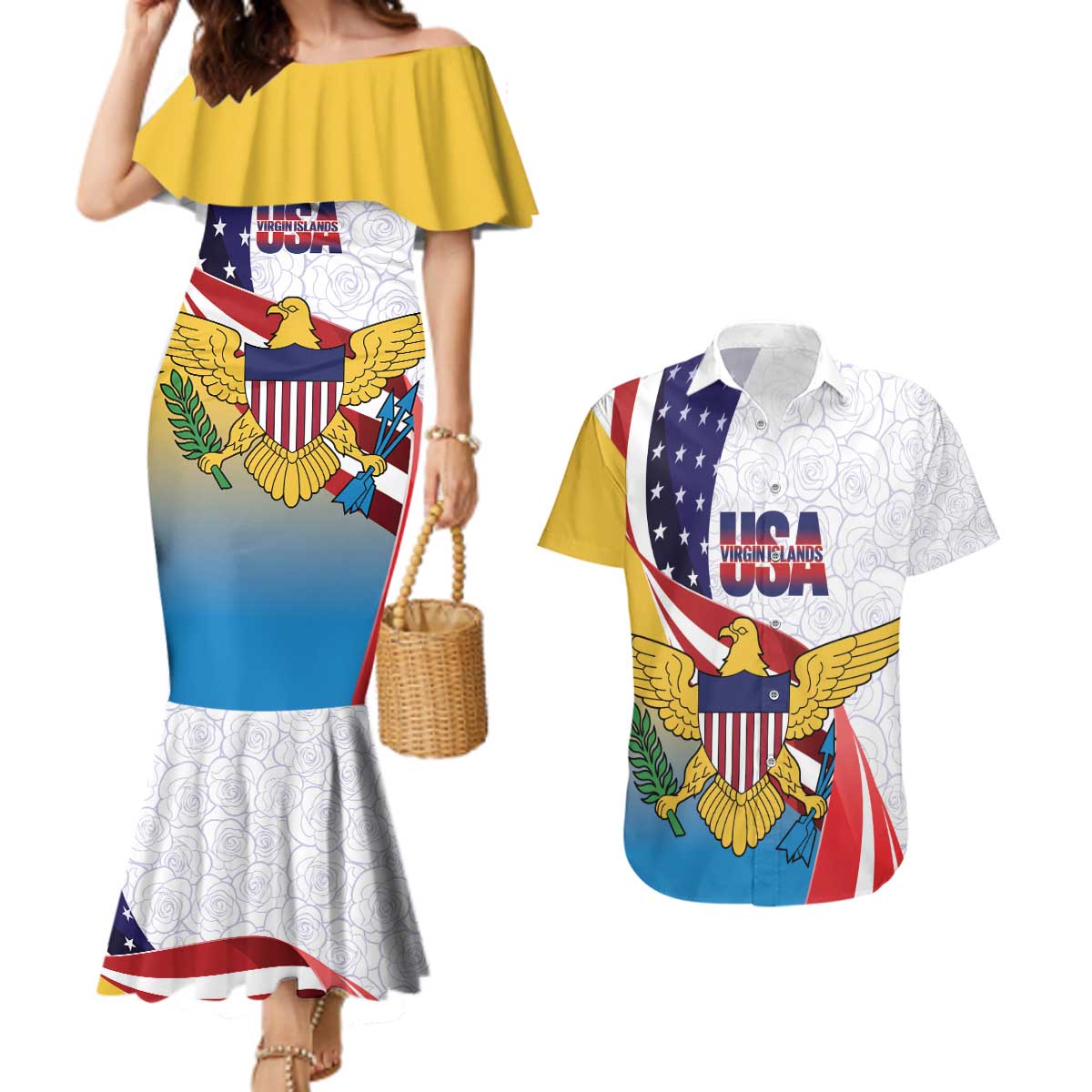 United States Virgin Islands Couples Matching Mermaid Dress and Hawaiian Shirt USA Curve Flag With Yellow Eagle - Wonder Print Shop