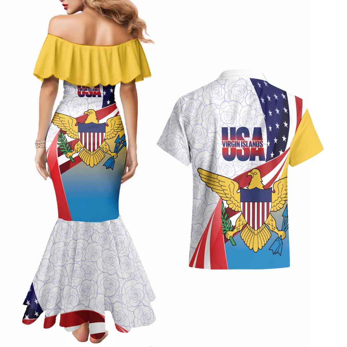 United States Virgin Islands Couples Matching Mermaid Dress and Hawaiian Shirt USA Curve Flag With Yellow Eagle - Wonder Print Shop