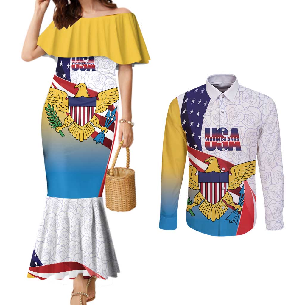 United States Virgin Islands Couples Matching Mermaid Dress and Long Sleeve Button Shirt USA Curve Flag With Yellow Eagle - Wonder Print Shop