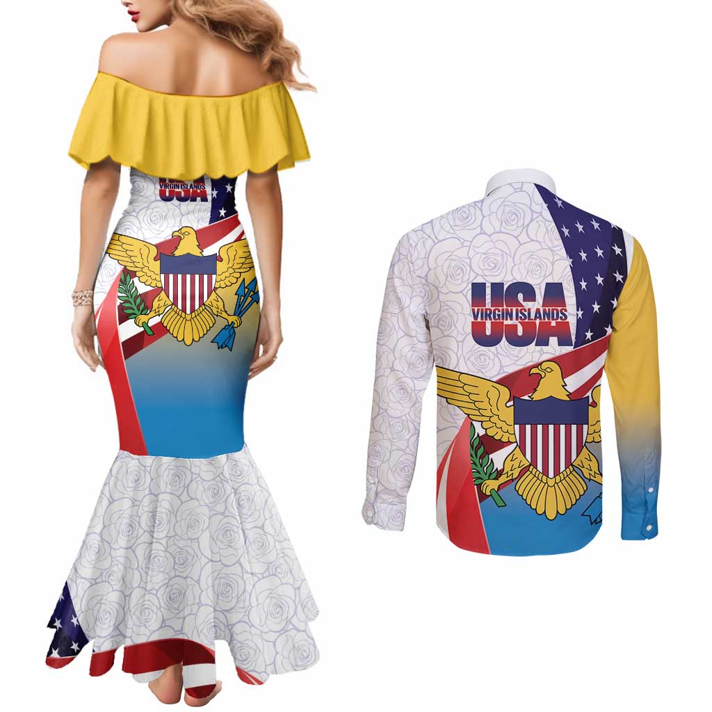 United States Virgin Islands Couples Matching Mermaid Dress and Long Sleeve Button Shirt USA Curve Flag With Yellow Eagle - Wonder Print Shop