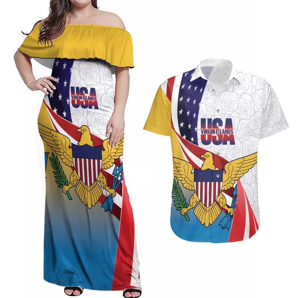 United States Virgin Islands Couples Matching Off Shoulder Maxi Dress and Hawaiian Shirt USA Curve Flag With Yellow Eagle - Wonder Print Shop