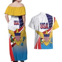 United States Virgin Islands Couples Matching Off Shoulder Maxi Dress and Hawaiian Shirt USA Curve Flag With Yellow Eagle - Wonder Print Shop