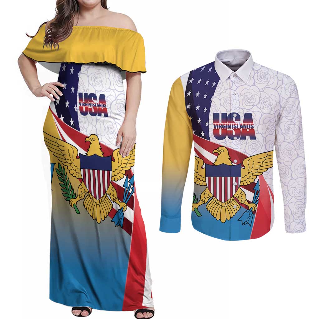 United States Virgin Islands Couples Matching Off Shoulder Maxi Dress and Long Sleeve Button Shirt USA Curve Flag With Yellow Eagle - Wonder Print Shop