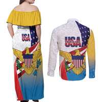 United States Virgin Islands Couples Matching Off Shoulder Maxi Dress and Long Sleeve Button Shirt USA Curve Flag With Yellow Eagle - Wonder Print Shop