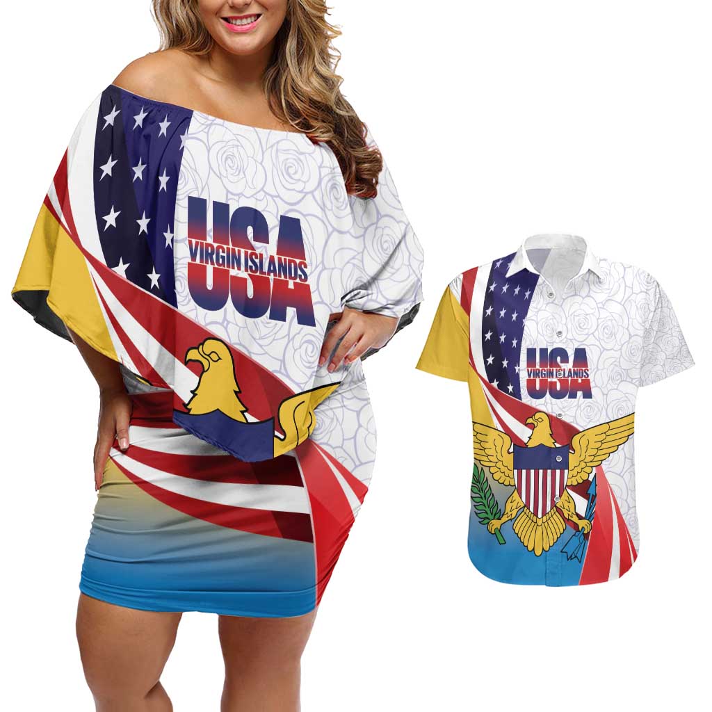 United States Virgin Islands Couples Matching Off Shoulder Short Dress and Hawaiian Shirt USA Curve Flag With Yellow Eagle - Wonder Print Shop