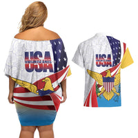 United States Virgin Islands Couples Matching Off Shoulder Short Dress and Hawaiian Shirt USA Curve Flag With Yellow Eagle - Wonder Print Shop