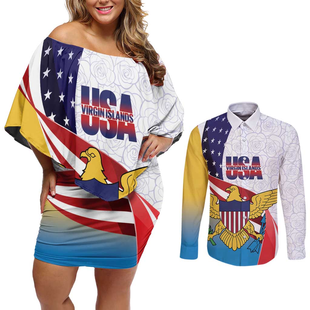 United States Virgin Islands Couples Matching Off Shoulder Short Dress and Long Sleeve Button Shirt USA Curve Flag With Yellow Eagle - Wonder Print Shop