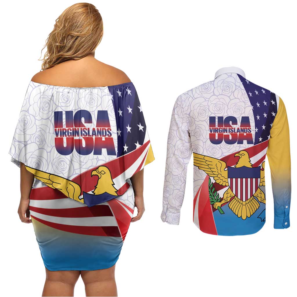United States Virgin Islands Couples Matching Off Shoulder Short Dress and Long Sleeve Button Shirt USA Curve Flag With Yellow Eagle - Wonder Print Shop