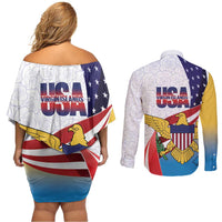 United States Virgin Islands Couples Matching Off Shoulder Short Dress and Long Sleeve Button Shirt USA Curve Flag With Yellow Eagle - Wonder Print Shop