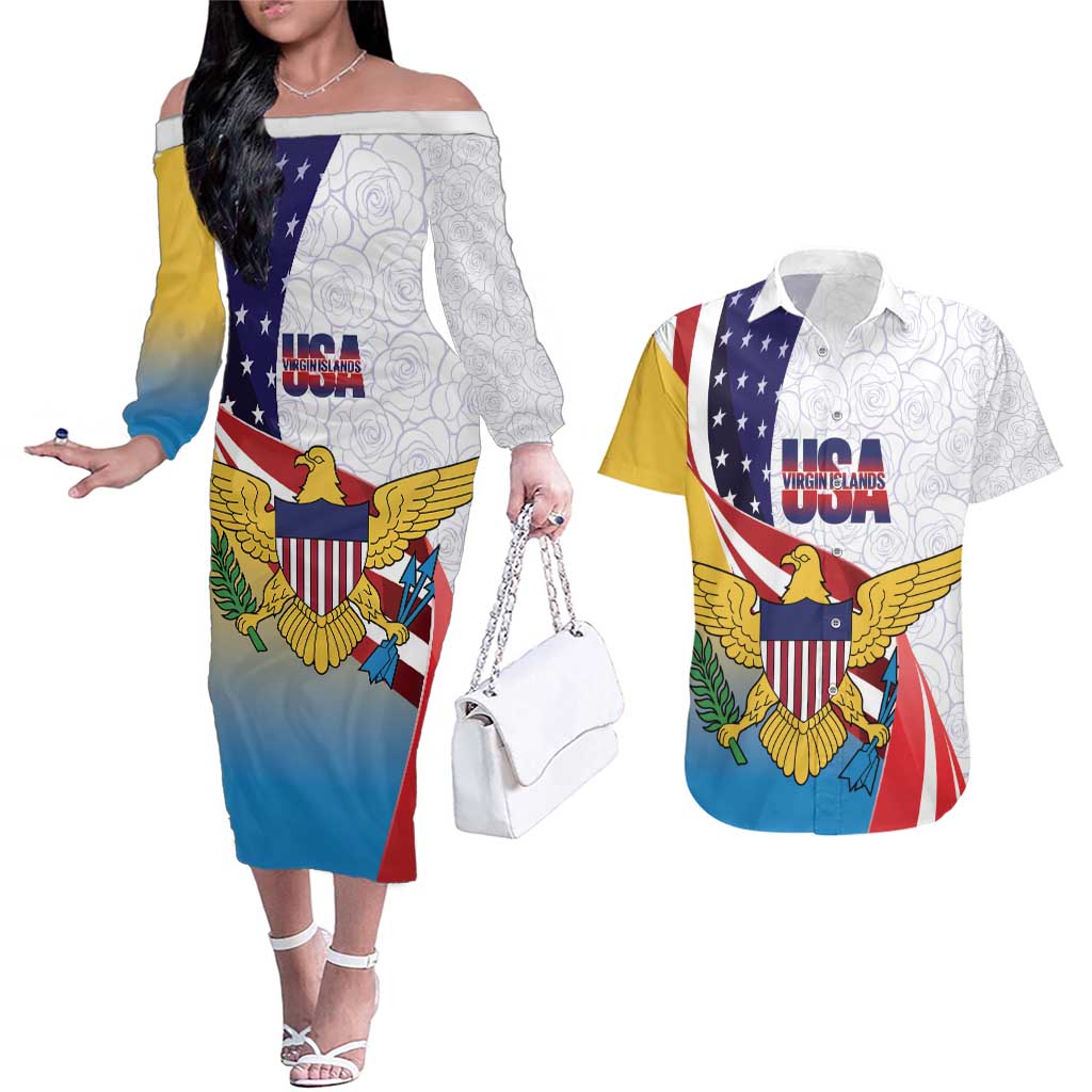 United States Virgin Islands Couples Matching Off The Shoulder Long Sleeve Dress and Hawaiian Shirt USA Curve Flag With Yellow Eagle - Wonder Print Shop