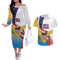 United States Virgin Islands Couples Matching Off The Shoulder Long Sleeve Dress and Hawaiian Shirt USA Curve Flag With Yellow Eagle - Wonder Print Shop
