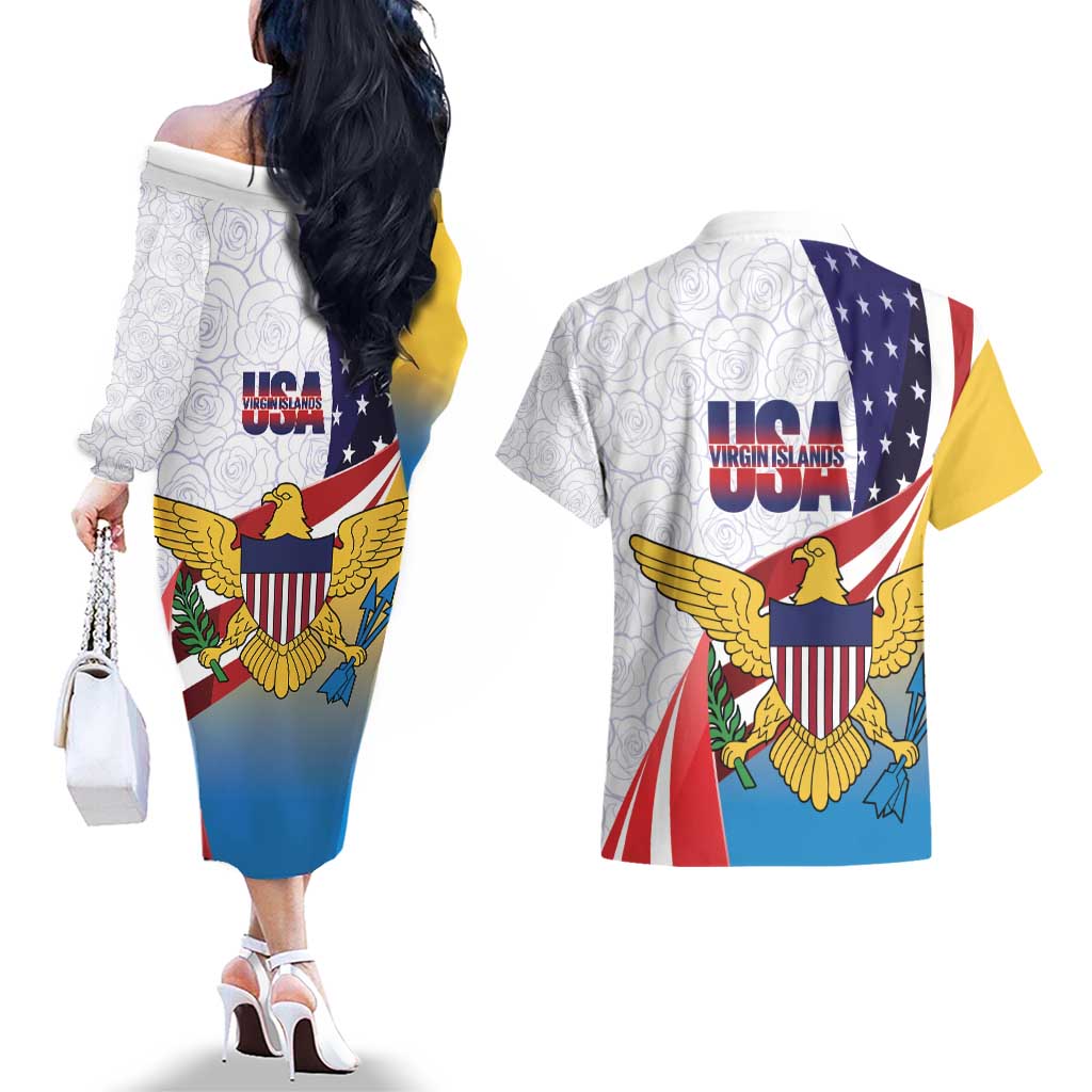 United States Virgin Islands Couples Matching Off The Shoulder Long Sleeve Dress and Hawaiian Shirt USA Curve Flag With Yellow Eagle - Wonder Print Shop