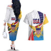 United States Virgin Islands Couples Matching Off The Shoulder Long Sleeve Dress and Hawaiian Shirt USA Curve Flag With Yellow Eagle - Wonder Print Shop