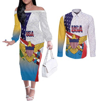 United States Virgin Islands Couples Matching Off The Shoulder Long Sleeve Dress and Long Sleeve Button Shirt USA Curve Flag With Yellow Eagle - Wonder Print Shop