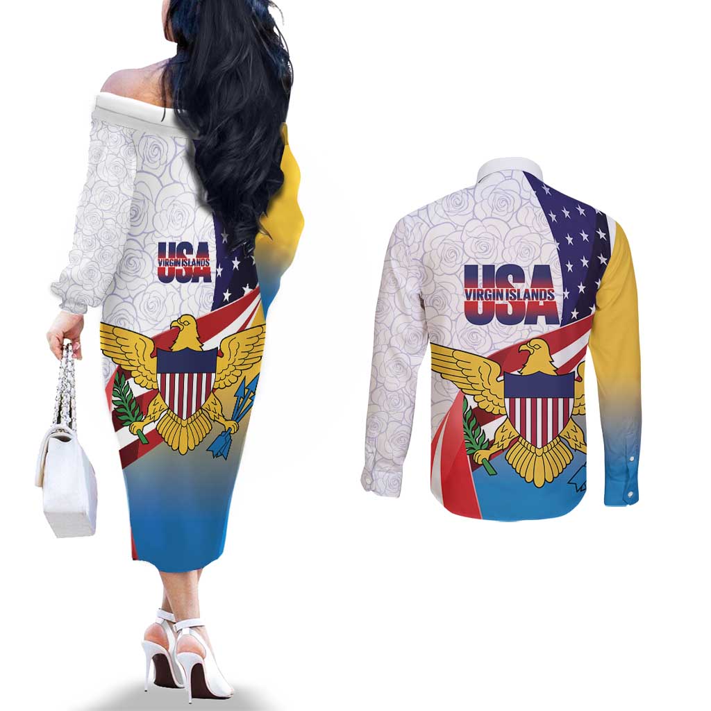 United States Virgin Islands Couples Matching Off The Shoulder Long Sleeve Dress and Long Sleeve Button Shirt USA Curve Flag With Yellow Eagle - Wonder Print Shop