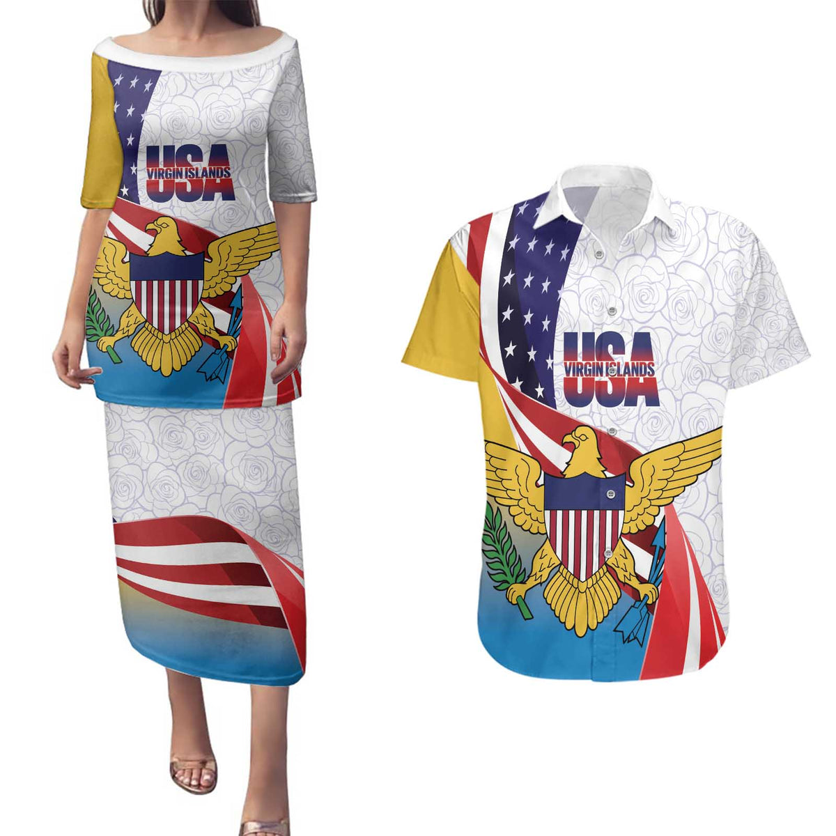United States Virgin Islands Couples Matching Puletasi and Hawaiian Shirt USA Curve Flag With Yellow Eagle - Wonder Print Shop