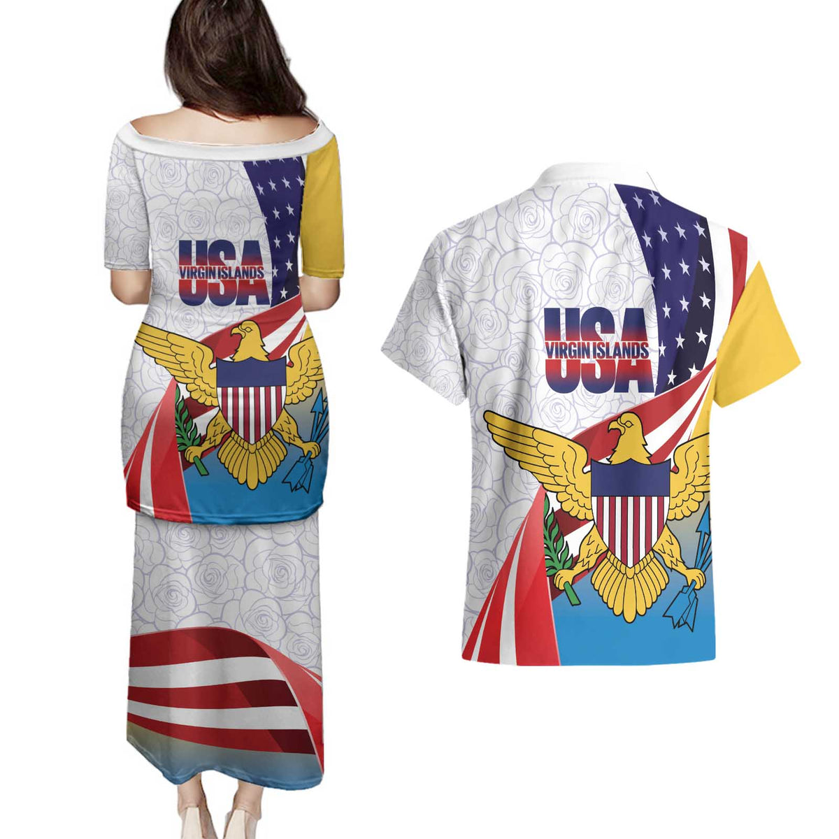 United States Virgin Islands Couples Matching Puletasi and Hawaiian Shirt USA Curve Flag With Yellow Eagle - Wonder Print Shop