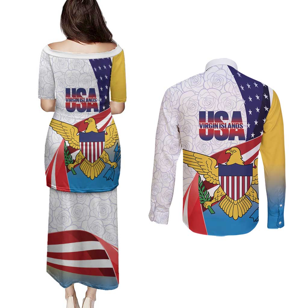 United States Virgin Islands Couples Matching Puletasi and Long Sleeve Button Shirt USA Curve Flag With Yellow Eagle - Wonder Print Shop
