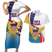 United States Virgin Islands Couples Matching Short Sleeve Bodycon Dress and Hawaiian Shirt USA Curve Flag With Yellow Eagle - Wonder Print Shop