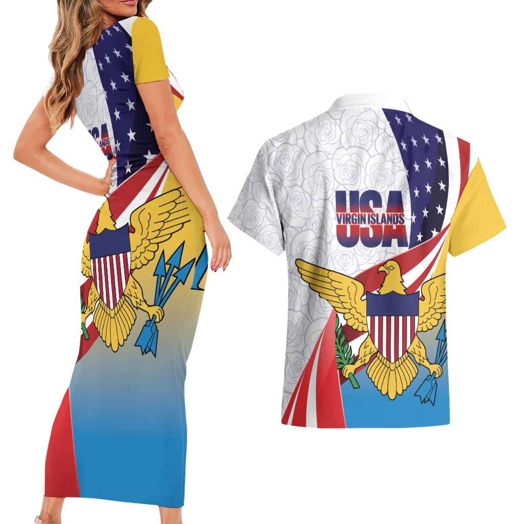 United States Virgin Islands Couples Matching Short Sleeve Bodycon Dress and Hawaiian Shirt USA Curve Flag With Yellow Eagle - Wonder Print Shop