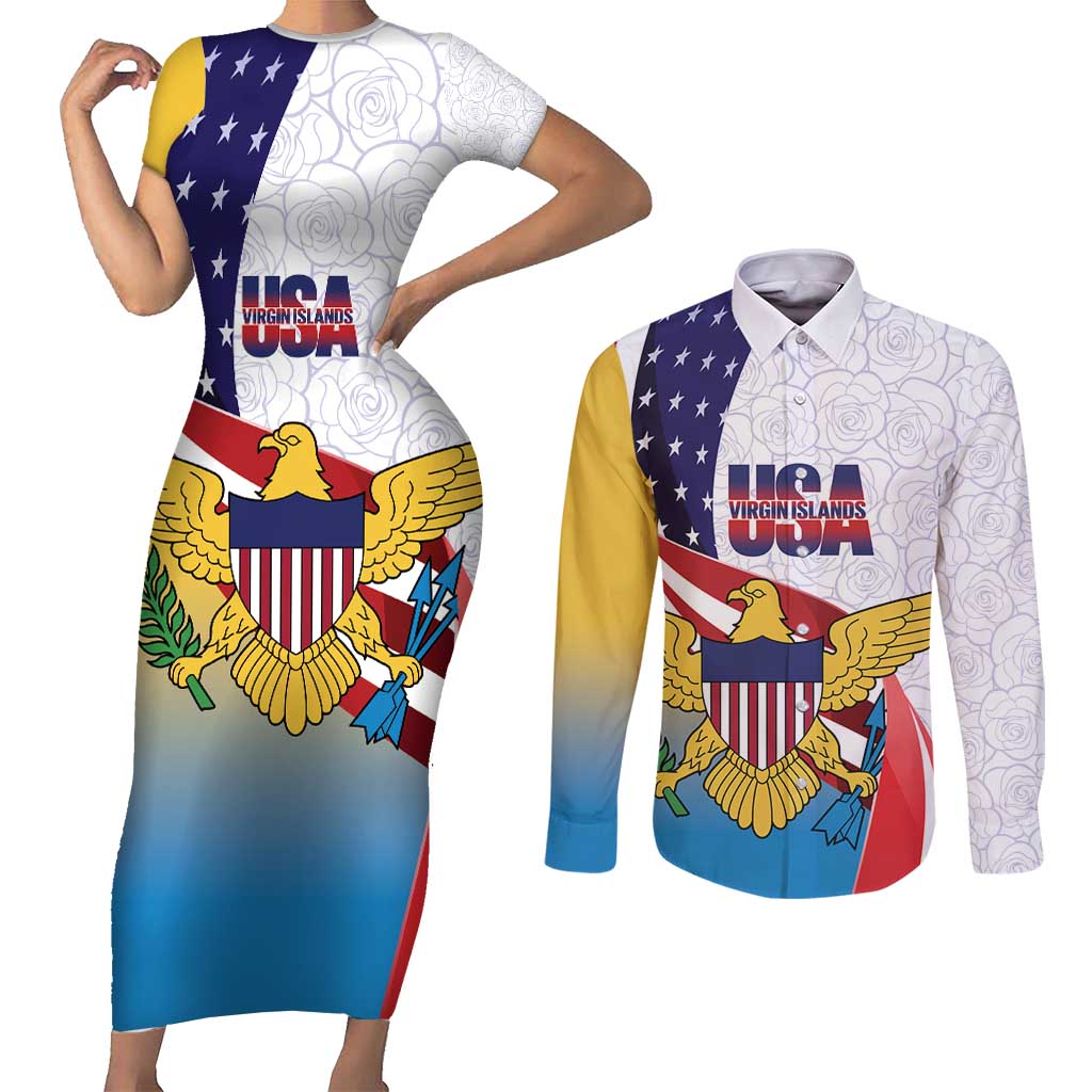 United States Virgin Islands Couples Matching Short Sleeve Bodycon Dress and Long Sleeve Button Shirt USA Curve Flag With Yellow Eagle - Wonder Print Shop