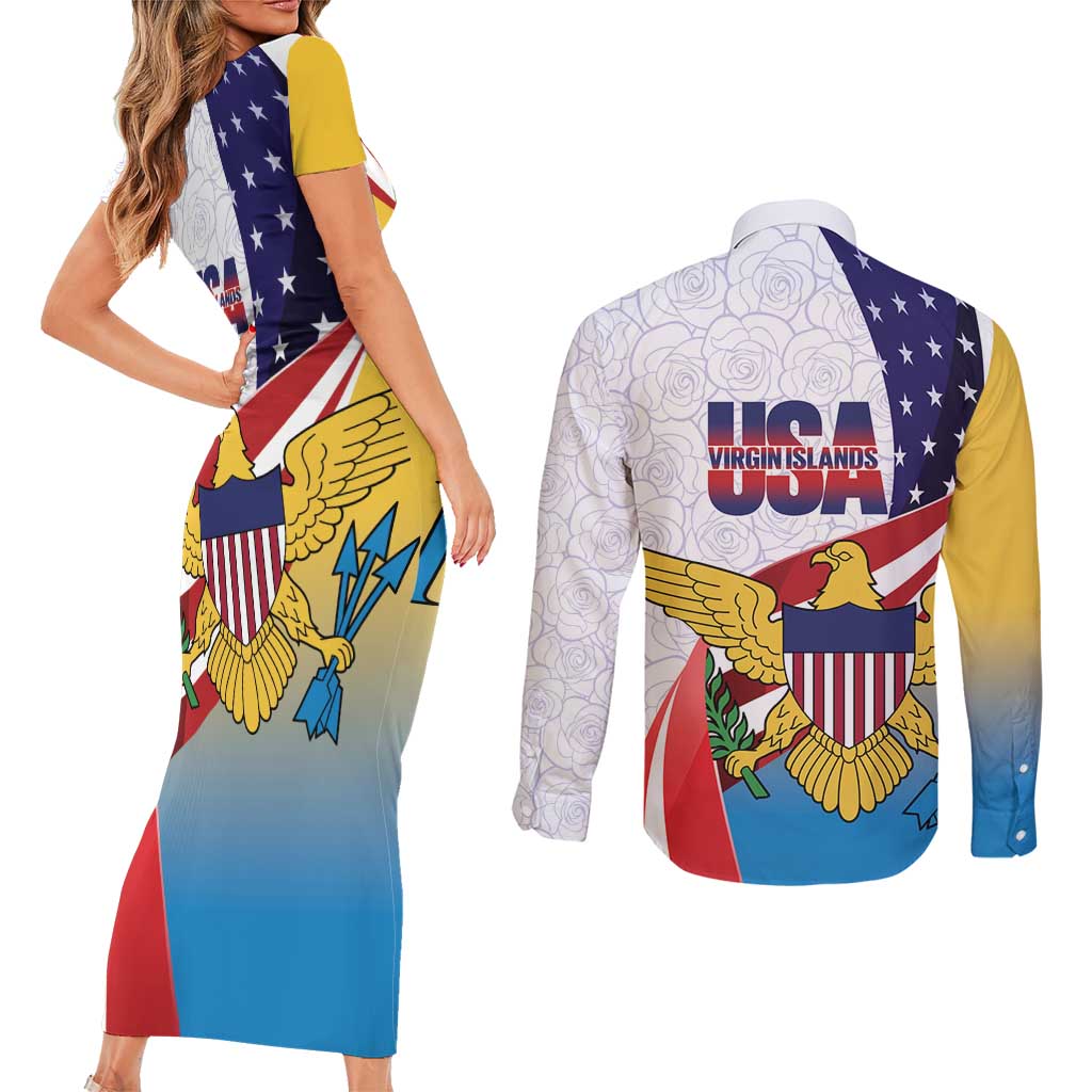 United States Virgin Islands Couples Matching Short Sleeve Bodycon Dress and Long Sleeve Button Shirt USA Curve Flag With Yellow Eagle - Wonder Print Shop