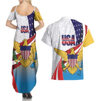 United States Virgin Islands Couples Matching Summer Maxi Dress and Hawaiian Shirt USA Curve Flag With Yellow Eagle - Wonder Print Shop