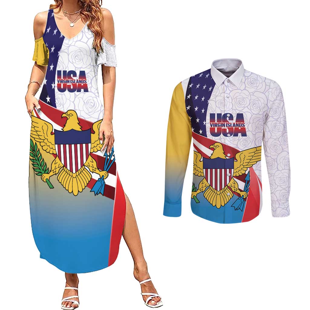 United States Virgin Islands Couples Matching Summer Maxi Dress and Long Sleeve Button Shirt USA Curve Flag With Yellow Eagle - Wonder Print Shop