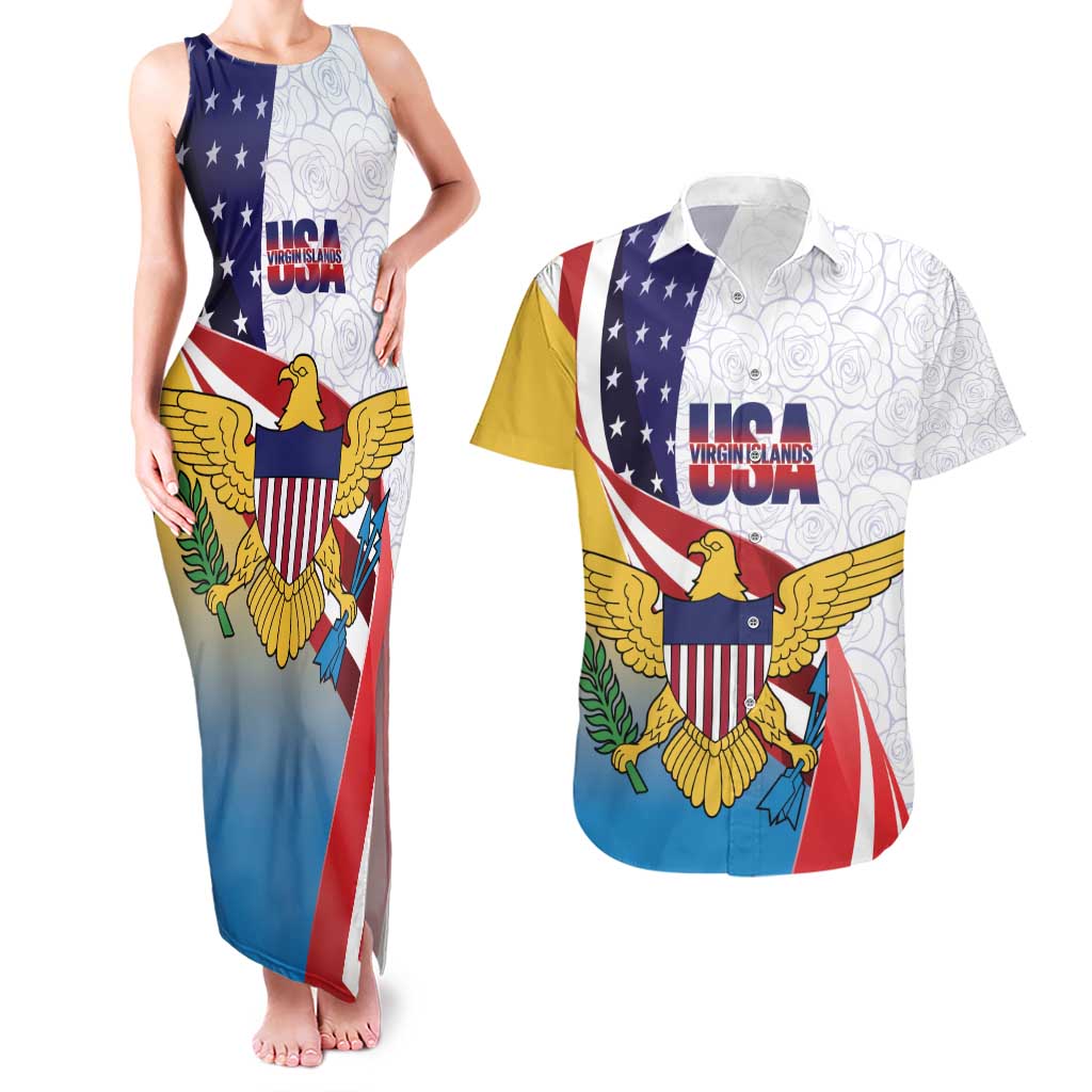 United States Virgin Islands Couples Matching Tank Maxi Dress and Hawaiian Shirt USA Curve Flag With Yellow Eagle - Wonder Print Shop