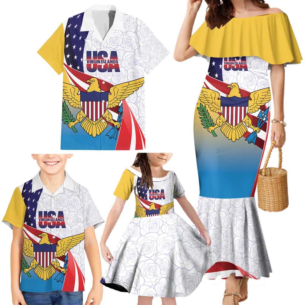 United States Virgin Islands Family Matching Mermaid Dress and Hawaiian Shirt USA Curve Flag With Yellow Eagle - Wonder Print Shop