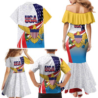 United States Virgin Islands Family Matching Mermaid Dress and Hawaiian Shirt USA Curve Flag With Yellow Eagle - Wonder Print Shop