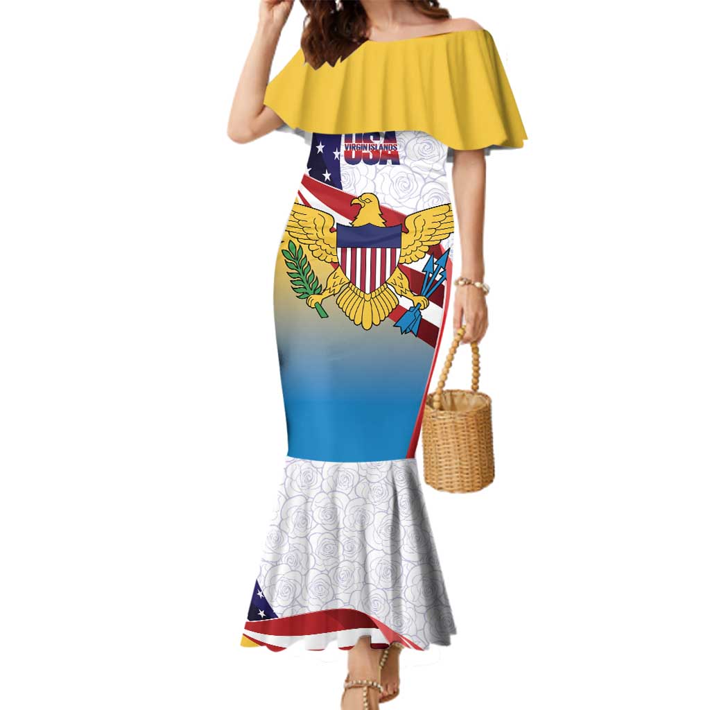 United States Virgin Islands Family Matching Mermaid Dress and Hawaiian Shirt USA Curve Flag With Yellow Eagle - Wonder Print Shop