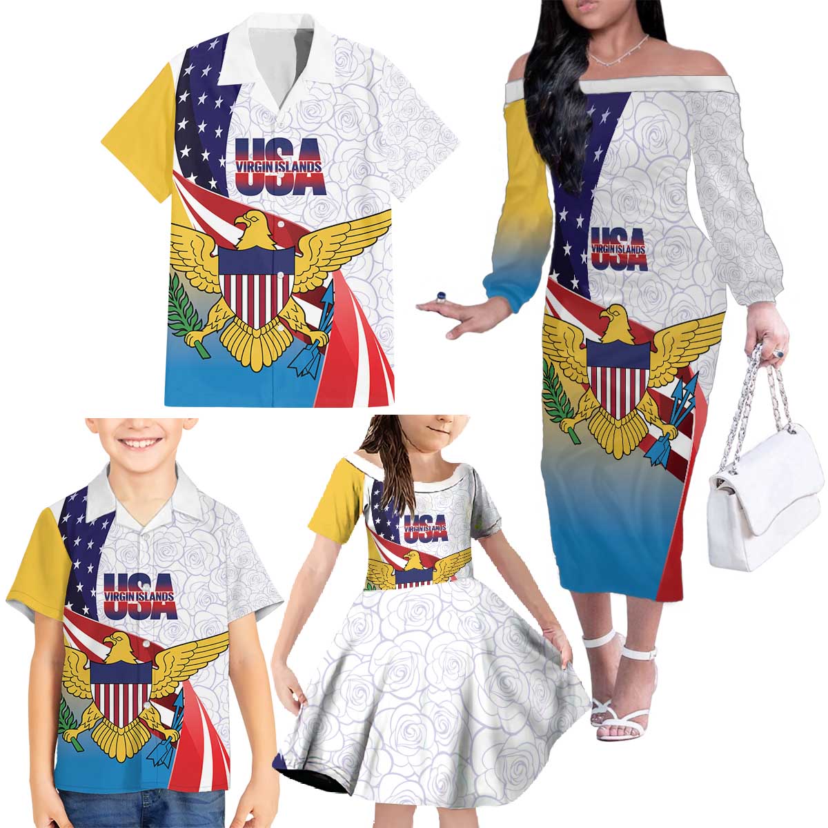 United States Virgin Islands Family Matching Off The Shoulder Long Sleeve Dress and Hawaiian Shirt USA Curve Flag With Yellow Eagle - Wonder Print Shop