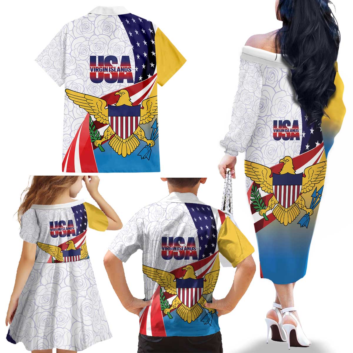 United States Virgin Islands Family Matching Off The Shoulder Long Sleeve Dress and Hawaiian Shirt USA Curve Flag With Yellow Eagle - Wonder Print Shop