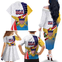 United States Virgin Islands Family Matching Off The Shoulder Long Sleeve Dress and Hawaiian Shirt USA Curve Flag With Yellow Eagle - Wonder Print Shop