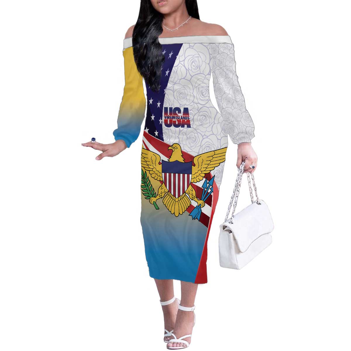 United States Virgin Islands Family Matching Off The Shoulder Long Sleeve Dress and Hawaiian Shirt USA Curve Flag With Yellow Eagle - Wonder Print Shop