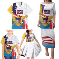 United States Virgin Islands Family Matching Puletasi and Hawaiian Shirt USA Curve Flag With Yellow Eagle - Wonder Print Shop