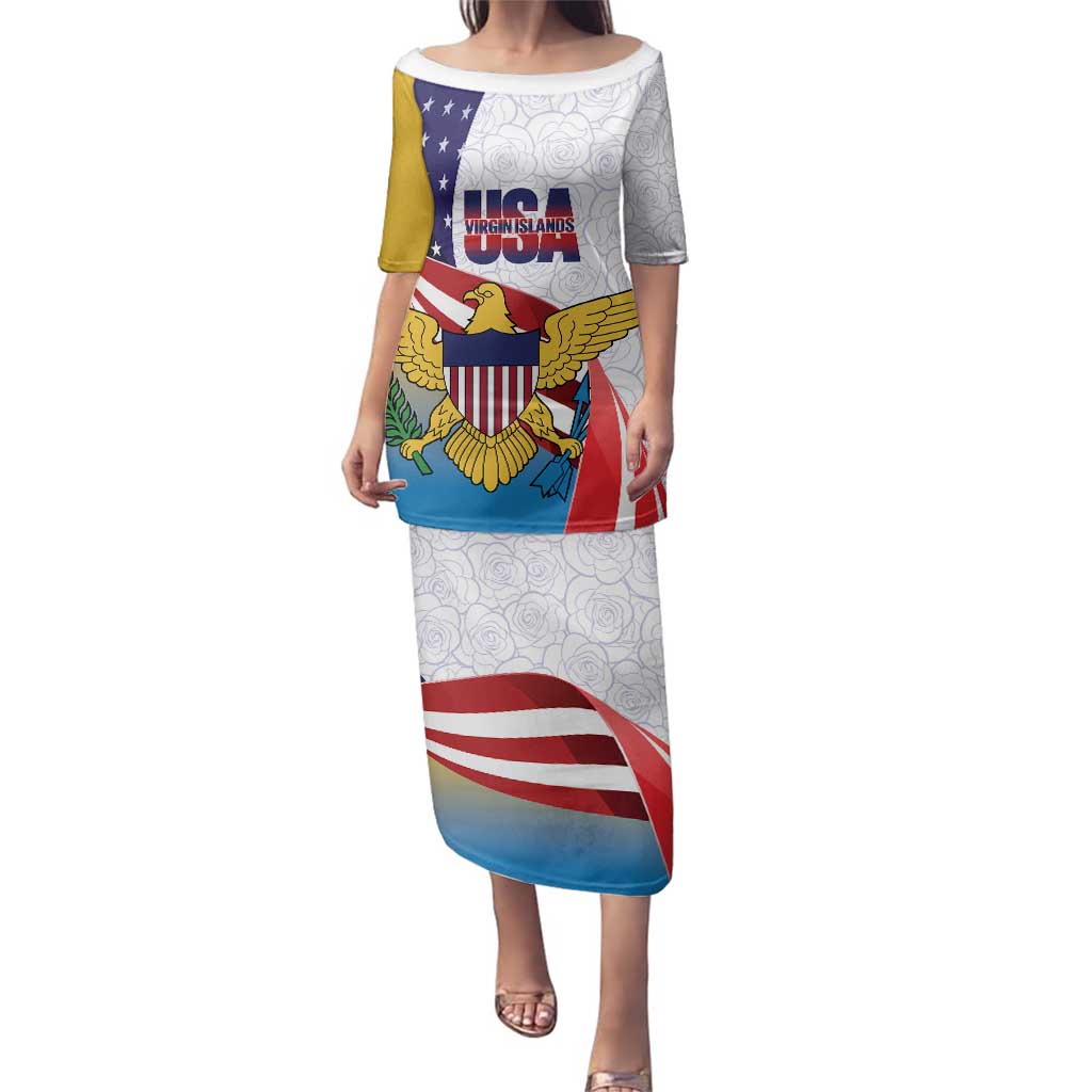 United States Virgin Islands Family Matching Puletasi and Hawaiian Shirt USA Curve Flag With Yellow Eagle - Wonder Print Shop
