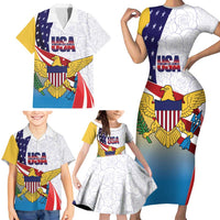 United States Virgin Islands Family Matching Short Sleeve Bodycon Dress and Hawaiian Shirt USA Curve Flag With Yellow Eagle - Wonder Print Shop