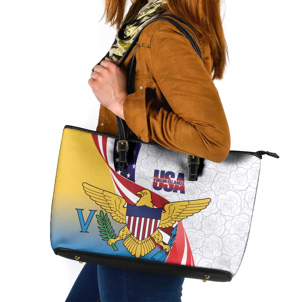 United States Virgin Islands Leather Tote Bag USA Curve Flag With Yellow Eagle - Wonder Print Shop