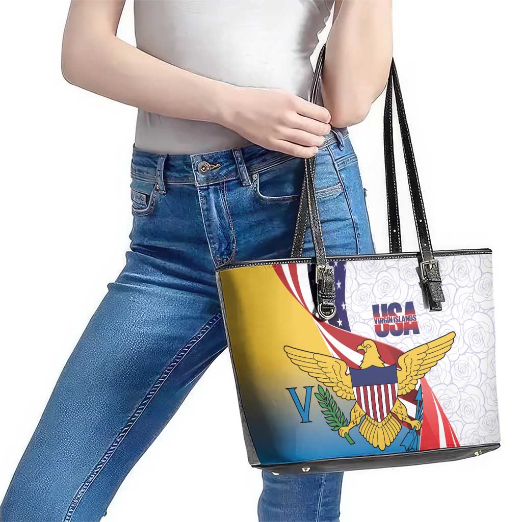 United States Virgin Islands Leather Tote Bag USA Curve Flag With Yellow Eagle - Wonder Print Shop