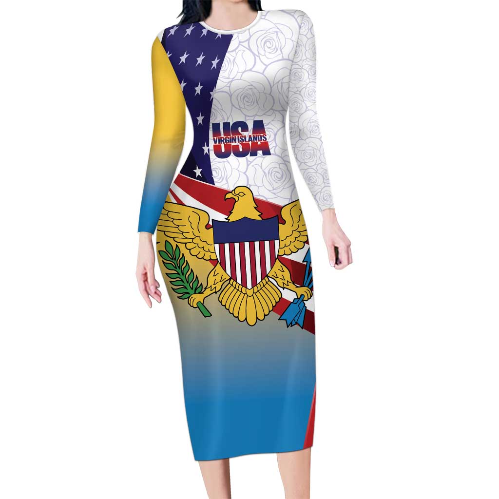 United States Virgin Islands Long Sleeve Bodycon Dress USA Curve Flag With Yellow Eagle - Wonder Print Shop