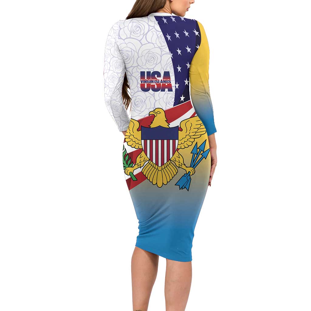 United States Virgin Islands Long Sleeve Bodycon Dress USA Curve Flag With Yellow Eagle - Wonder Print Shop