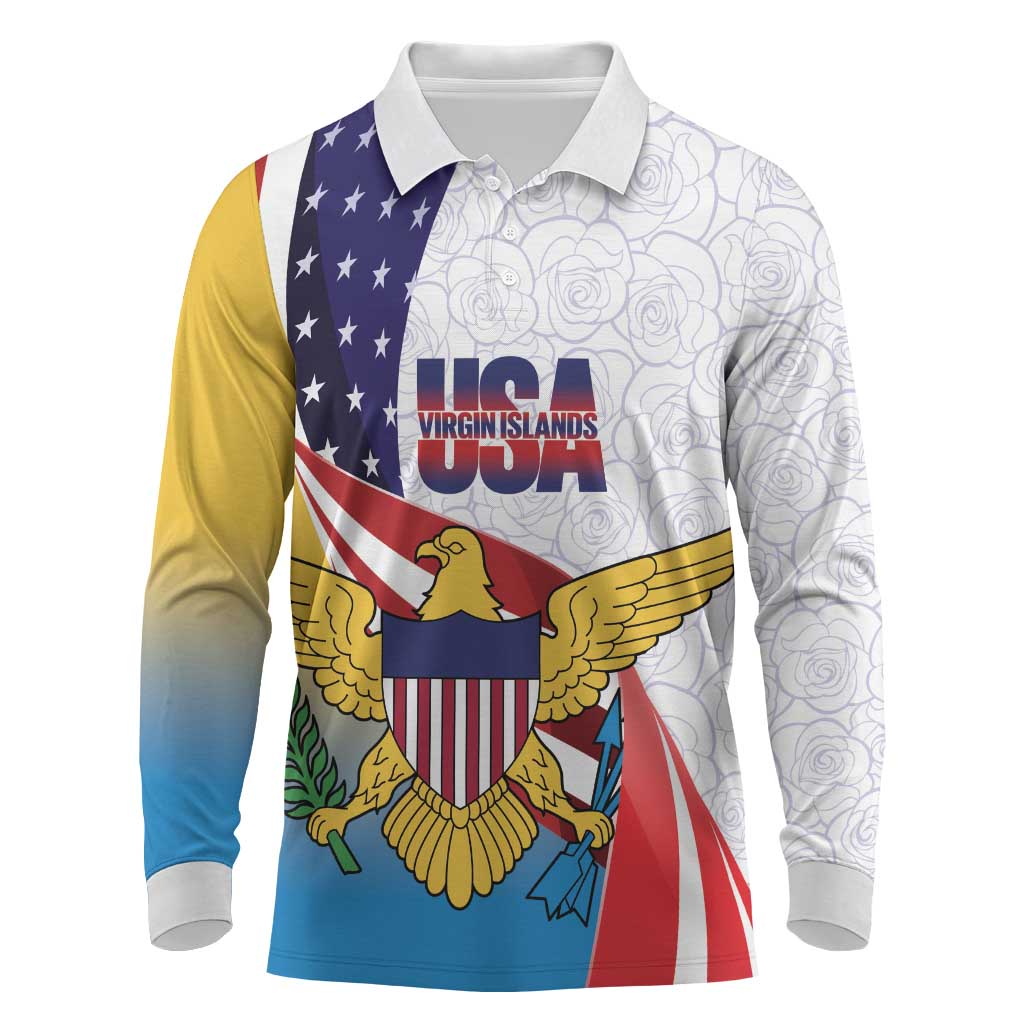 United States Virgin Islands Long Sleeve Polo Shirt USA Curve Flag With Yellow Eagle - Wonder Print Shop